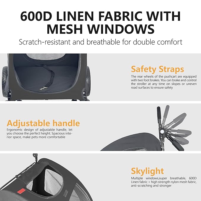 Extra Large Dog Stroller for Medium & Large Pets - Foldable Design, Adjustable Handle, Up to 130 lbs(Black)