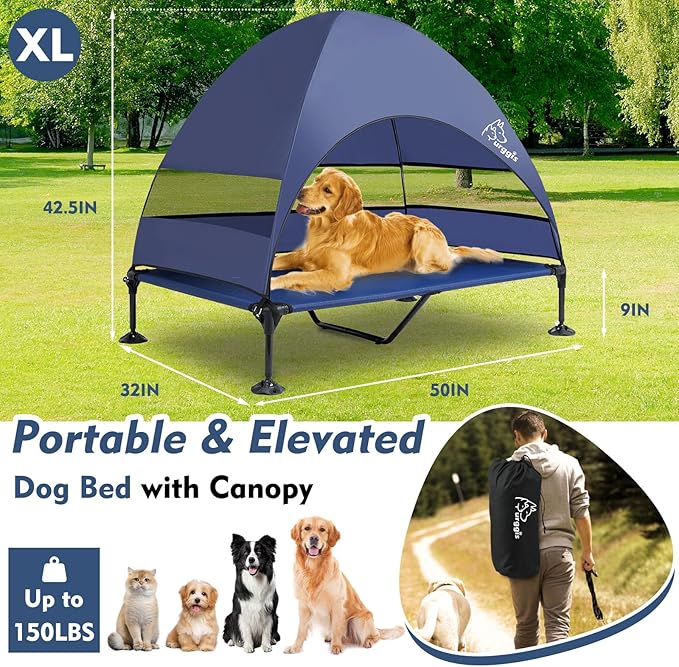 Upgraded Elevated Dog Bed with Canopy, Portable Raised Outdoor Dog Bed with Stable Anti-Slip Feet, Wider Shade Pet Bed Cot, Raised Dog Beds for Large Dogs Camping, Indoor & Outdoor Use