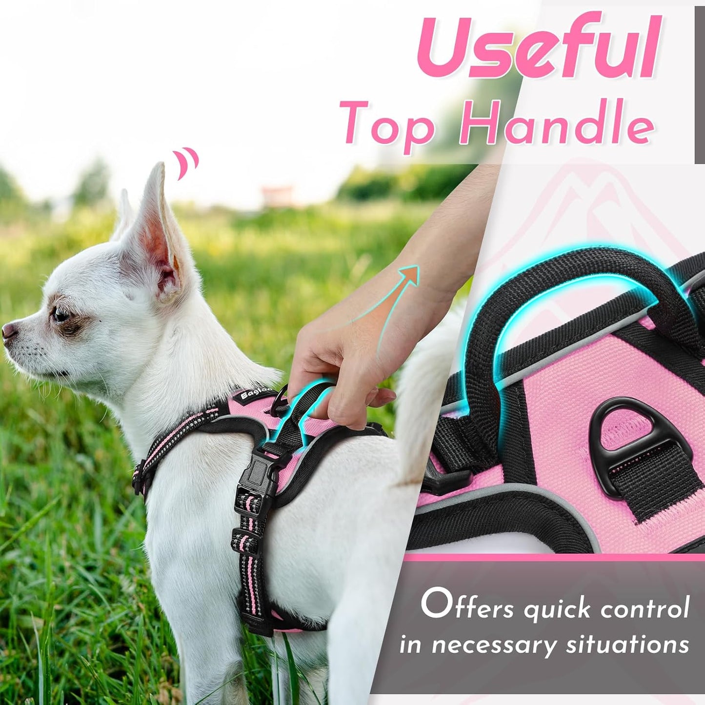Eagloo Small Dog Harness No Pull, Service Vest with Reflective Strips and Control Handle, Adjustable and Comfortable for Easy Walking, No Choke Pet Harness with 2 Metal Rings, Pink, XS