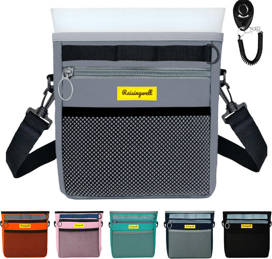 Dog Treat Pouch with Magnetic Closure 4-Cup Silicone Bag Fanny Pack Holder with Clicker 4 Ways to Wear Front Pocket Fits All Phones Ideal for Leash, Pet Walking and Training（Gray）