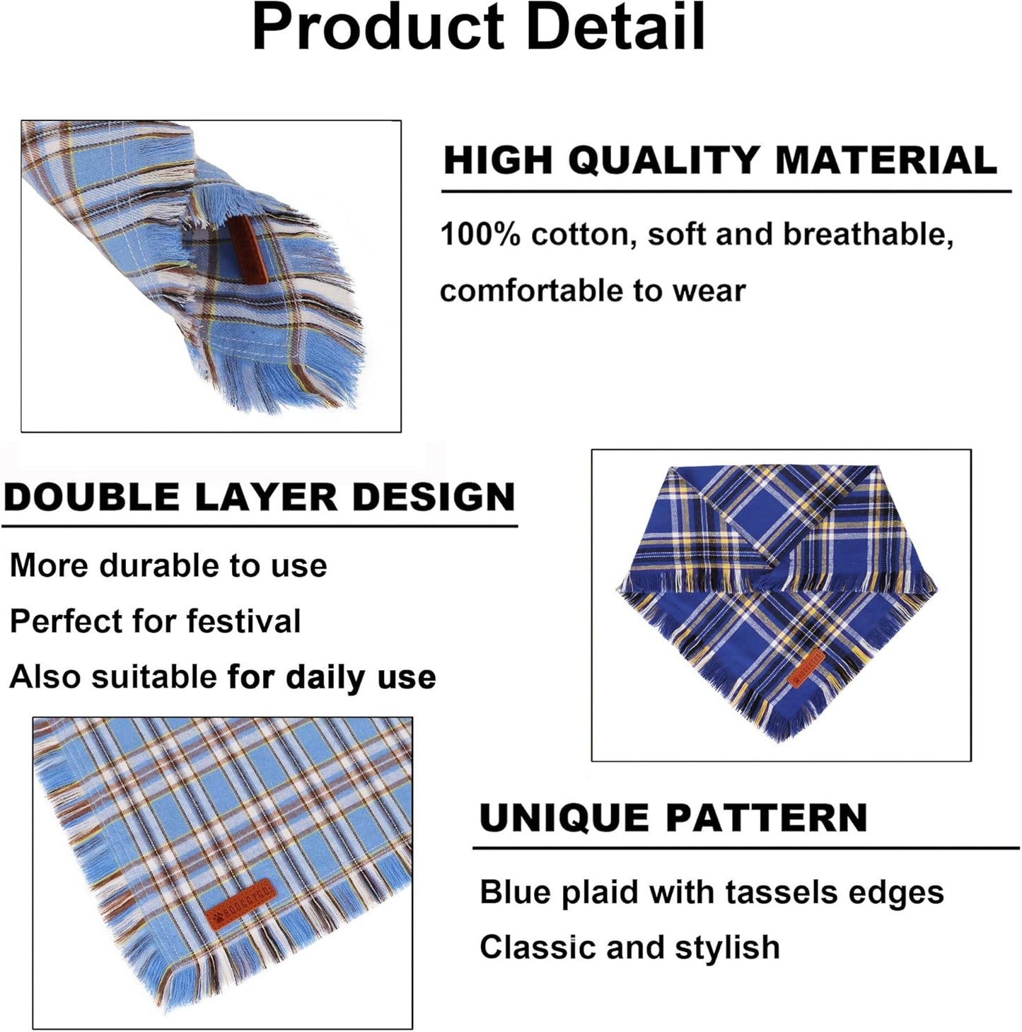 ADOGGYGO Dog Bandanas Boy with Tassels Edges, Stylish Blue Plaid Pet Scarf, Soft Cotton Fabric, Adjustable Reversible Plaid Bandanas for Small Dogs (Small)