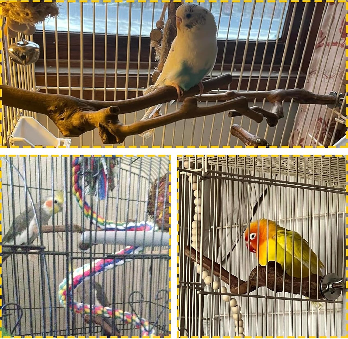 PINVNBY 2Pcs Wood Perches for Bird Cage,Natural Parrot Stand Branch Parakeet Paw Grinding Sticks Standing Grape Pole for Lovebirds Budgies Cockatiels Finches