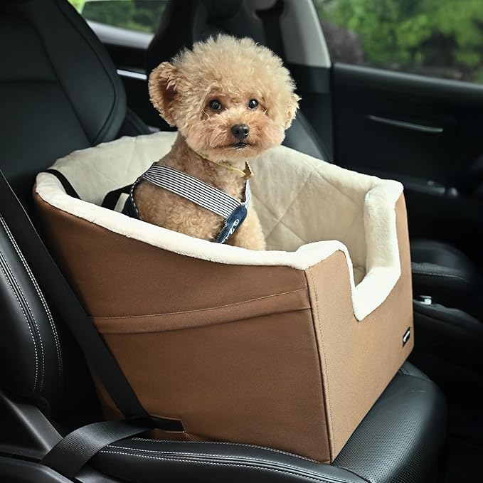 Amazon Basics Pet Car Booster Bucket Seat for Small Pets up to 25lbs, Machine Washable Cover, Clip-On Safety Leash, 18" x 18" x 16", Tan