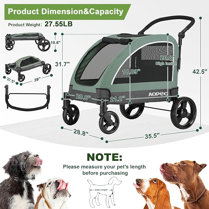 Large Dog Stroller - Dual Entry Safety Folding Pet Stroller with Adjustable Handle, All-Terrain 4-Wheel, 160 lbs Weight Capacity for Travel & Outdoor Adventures - Green