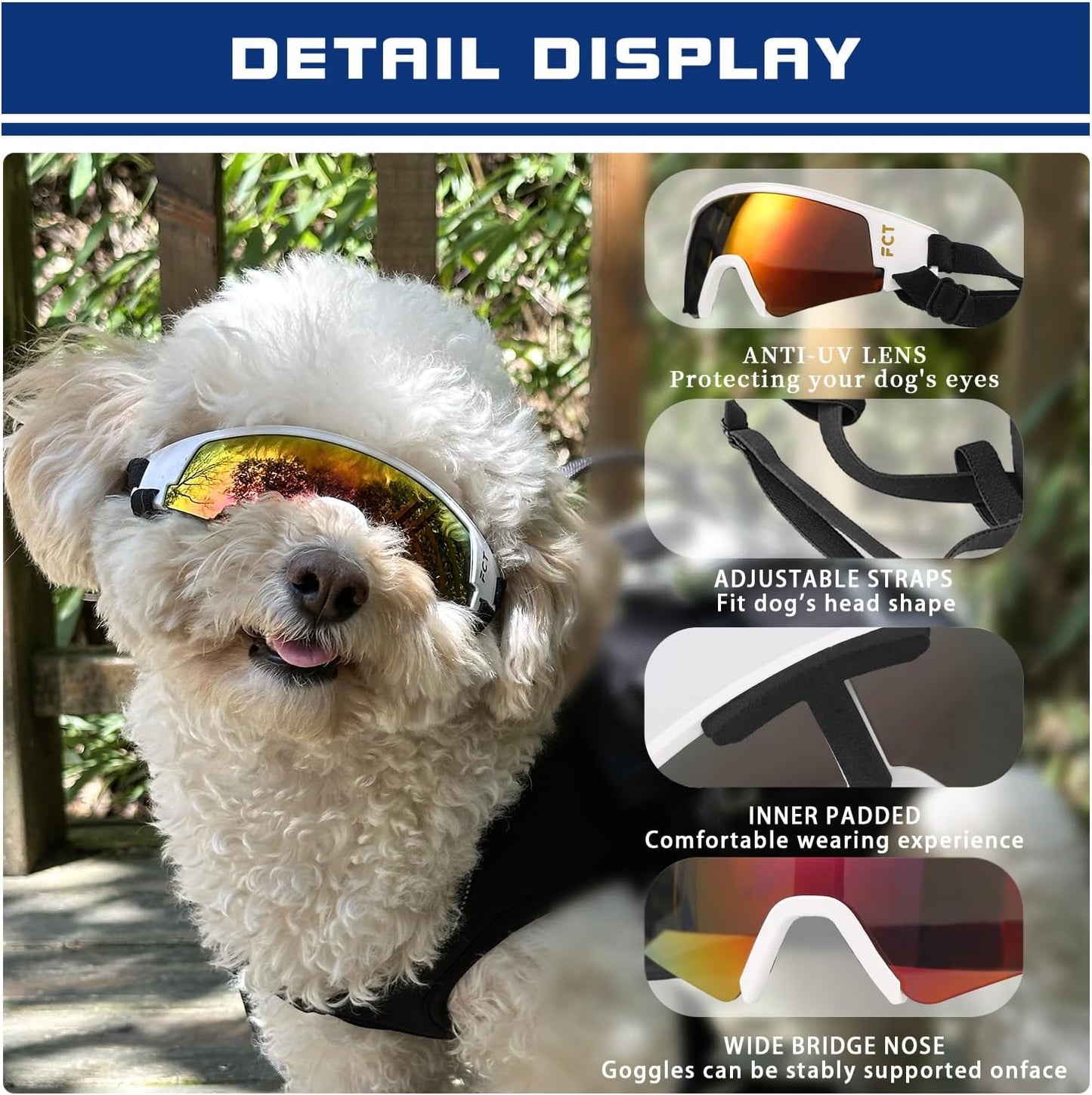 Dog Goggles for Small to Medium Breed, Dog Sunglasses UV Protection, Windproof & Anti-Fog, Puppy Sunglasses with Padded Frame and Adjustable Straps for Outdoor Riding, Driving（White）