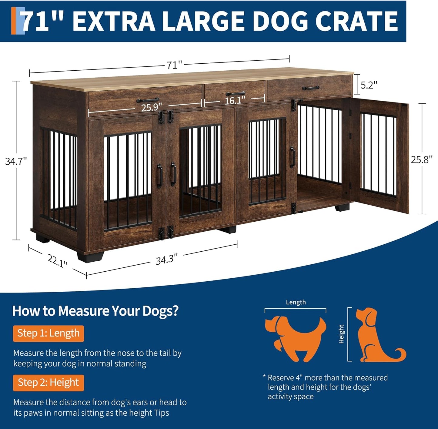 71 Inch Dog Crate Furniture for 2 Rooms, Wooden Double Crate Large Breed with Door, Dog Kennel Indoor, TV Stand End Table with Divider for Large Medium Dogs,Brown