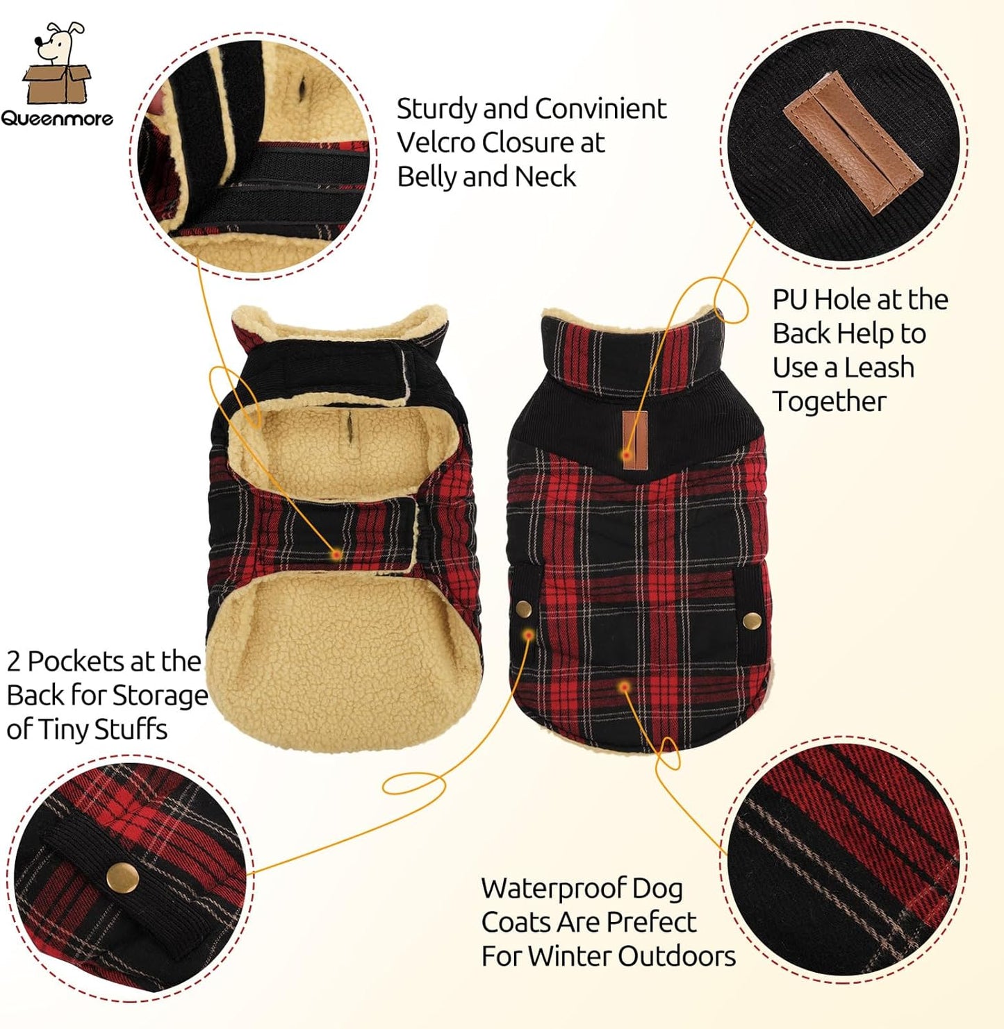 Queenmore Dog Winter Coat Warm Dog Jacket for Cold Weather, Quilting Puffer Plaid Coats for Small/Medium Dogs Waterproof,Girl/Boy Pet Christmas Coat,Pet Snowsuit with Leash Hole/Fleece Padding, XS