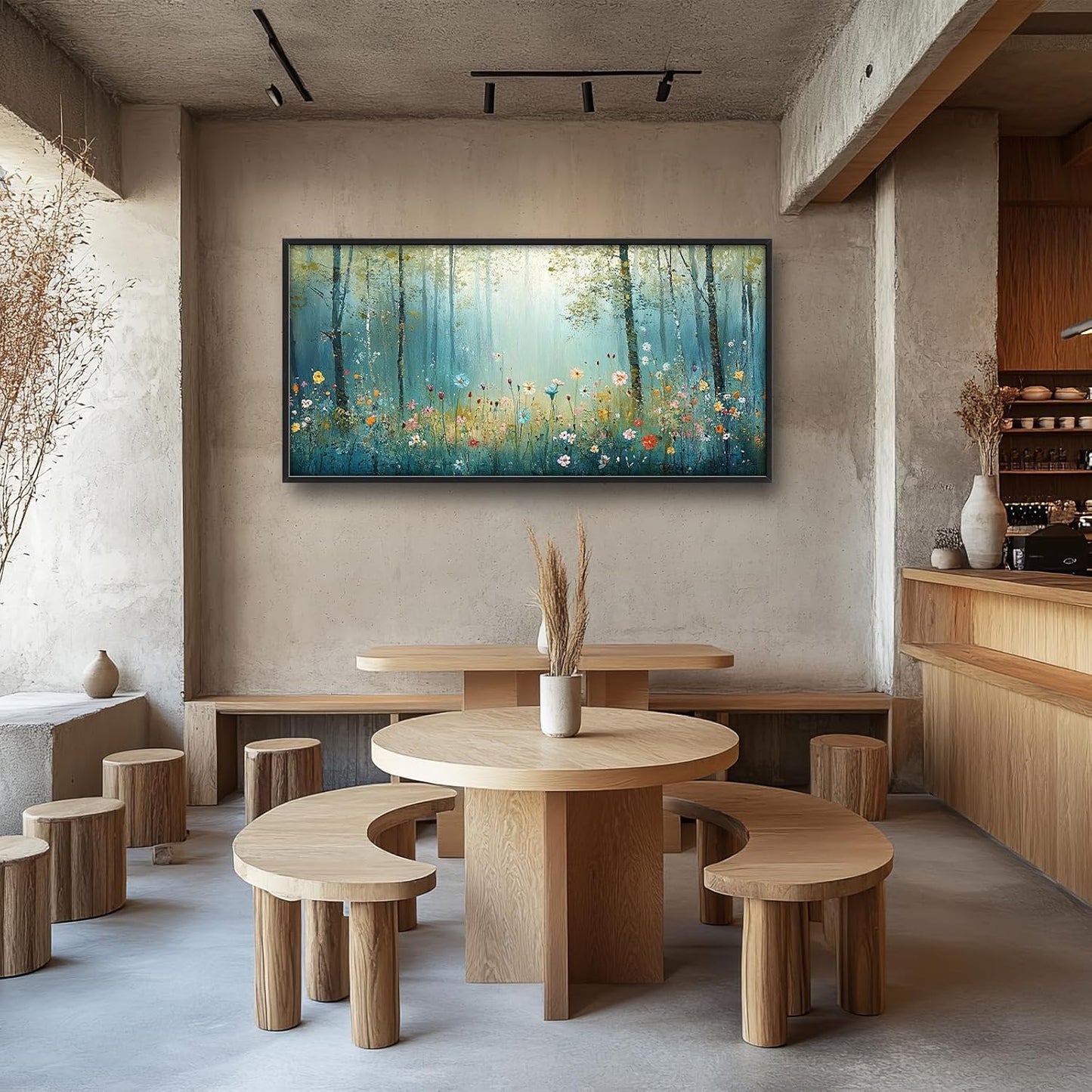 Large Forest Tree Wall Art for Living Room, Framed Oversized Wildflowers Wall Decor, Foggy Landscape Canvas Painting Modern Artwork Home Decoration for Dining Room Bedroom Office 60"x30"