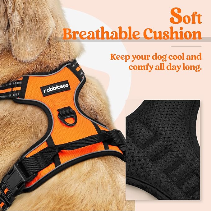 rabbitgoo Dog Harness No Pull with 2 Leash Clips, Adjustable Soft Padded, Reflective Oxford No Choke Pet Vest with Easy Control Handle for Large Dogs, Orange, XL