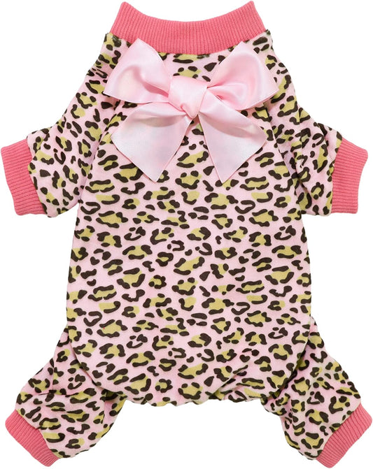 Fitwarm Leopard Dog Pajamas, Fleece Dog Clothes for Small Dogs Girl with Legs, Pet Onesie, Cat Outfit, Pink, Large