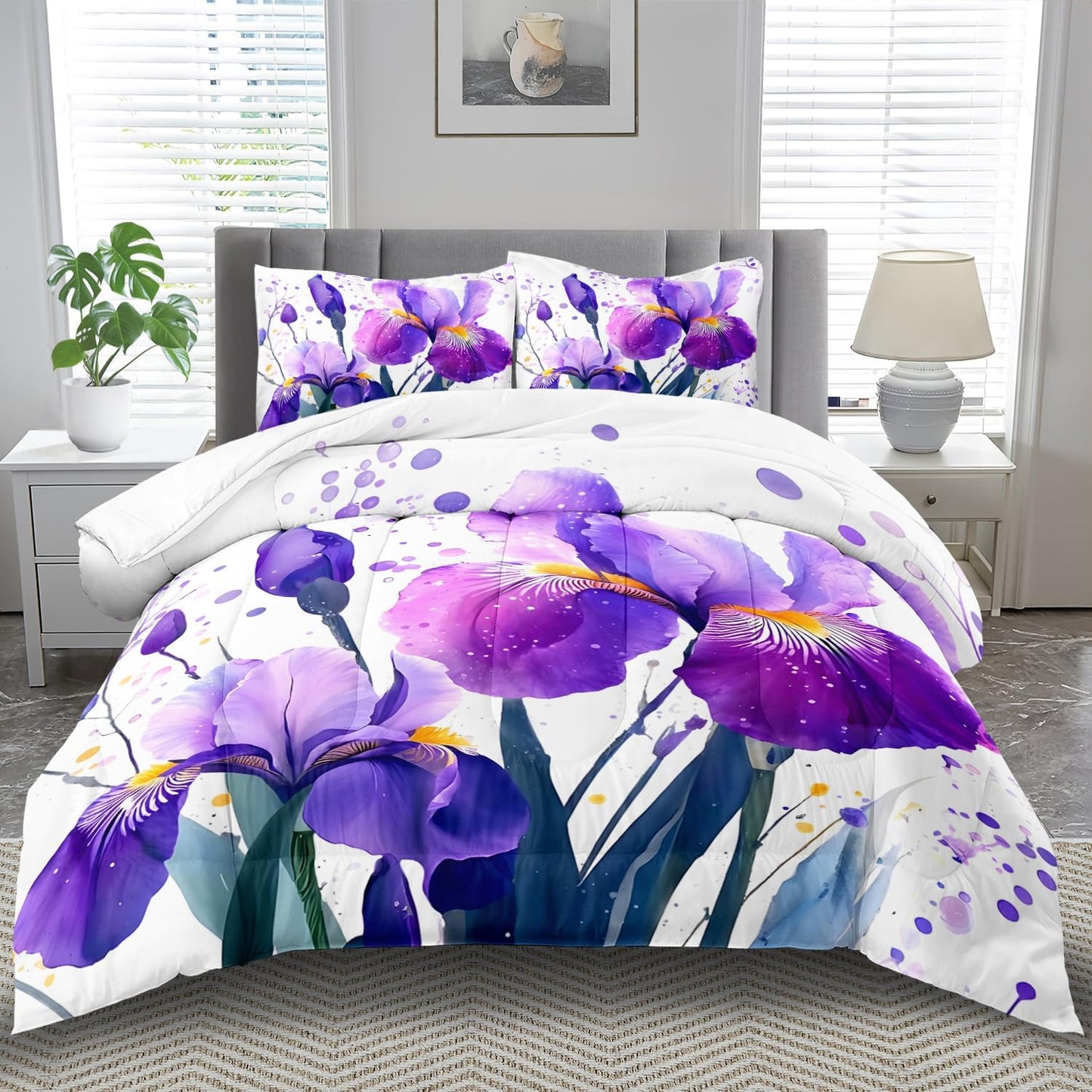 Purple Floral Comforter Set Twin Size Woman,Purple Iris Comforter for Girls,Pink Flower Bedding Set Twin Bedroom Decor,Floral Bedding Quilt Bed Decor Pink for Kids and Adults