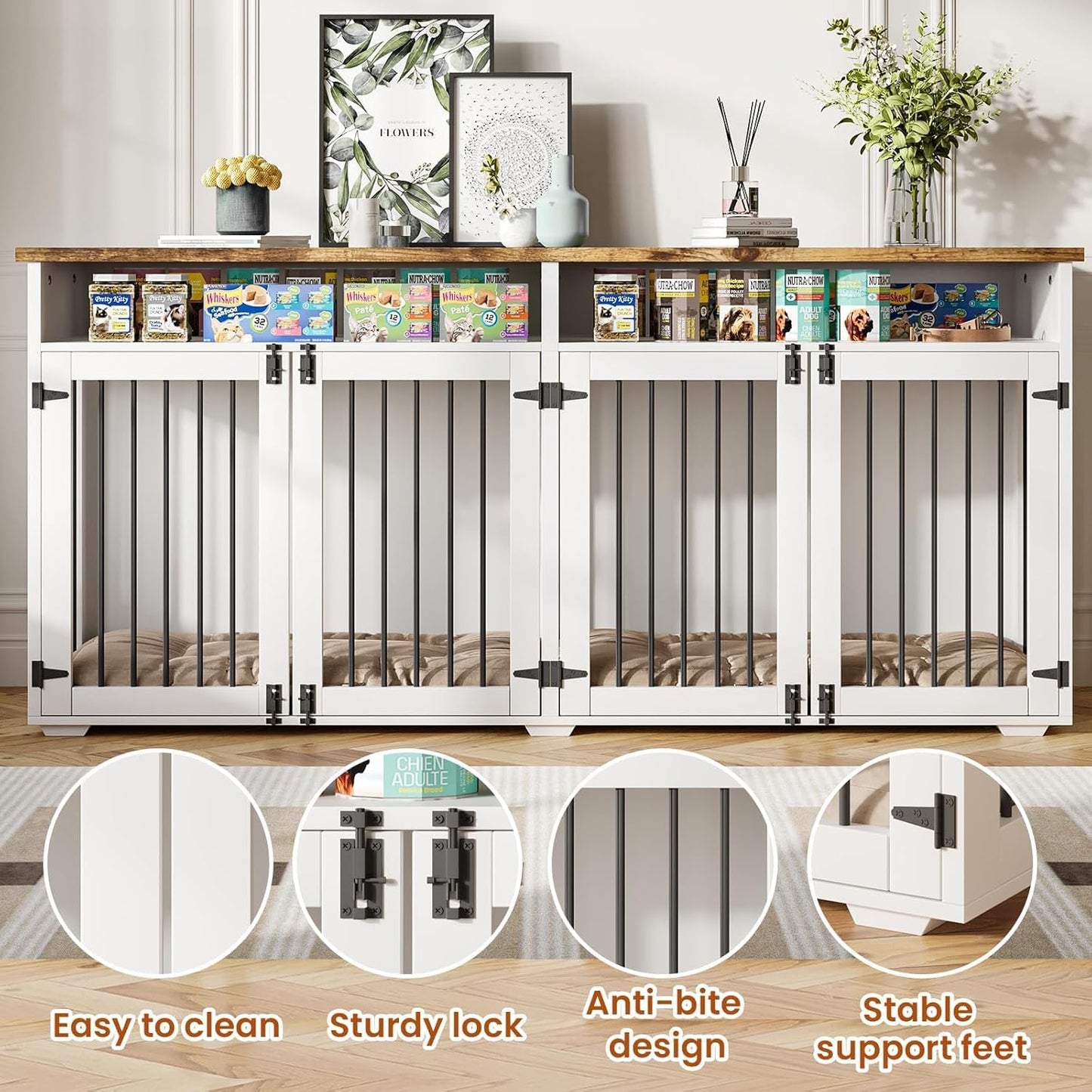 72'' Dog Crate Furniture for 2 Dogs, Wooden Dog Cage with Storage Compartment, Indoor Dog Kennel with 4 Doors for Large/Medium Dogs, White