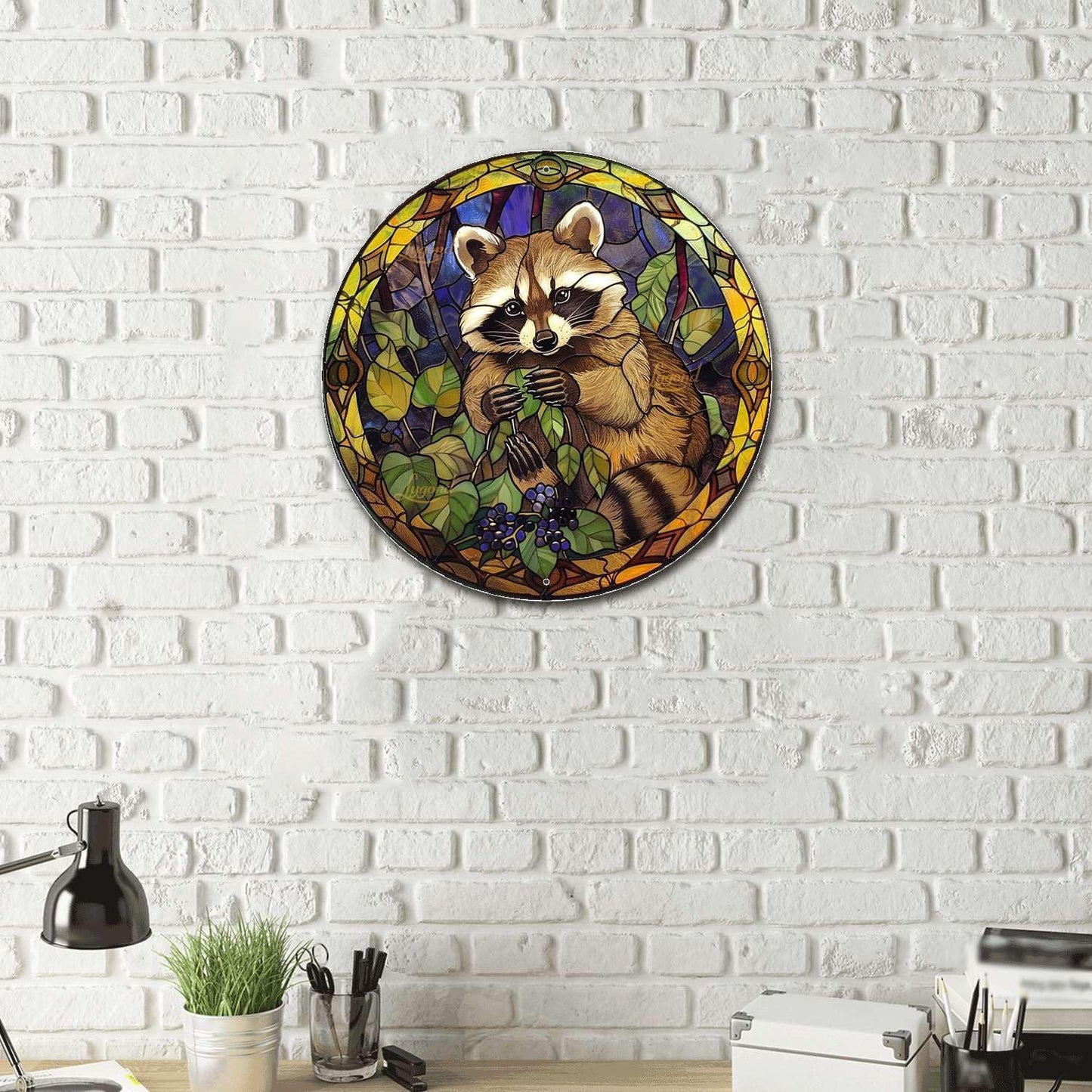 Lygond Metal Sign Tin Sign Circular Stained Glass Raccoon Minimalist Wall Art for Club 8×8 Inches