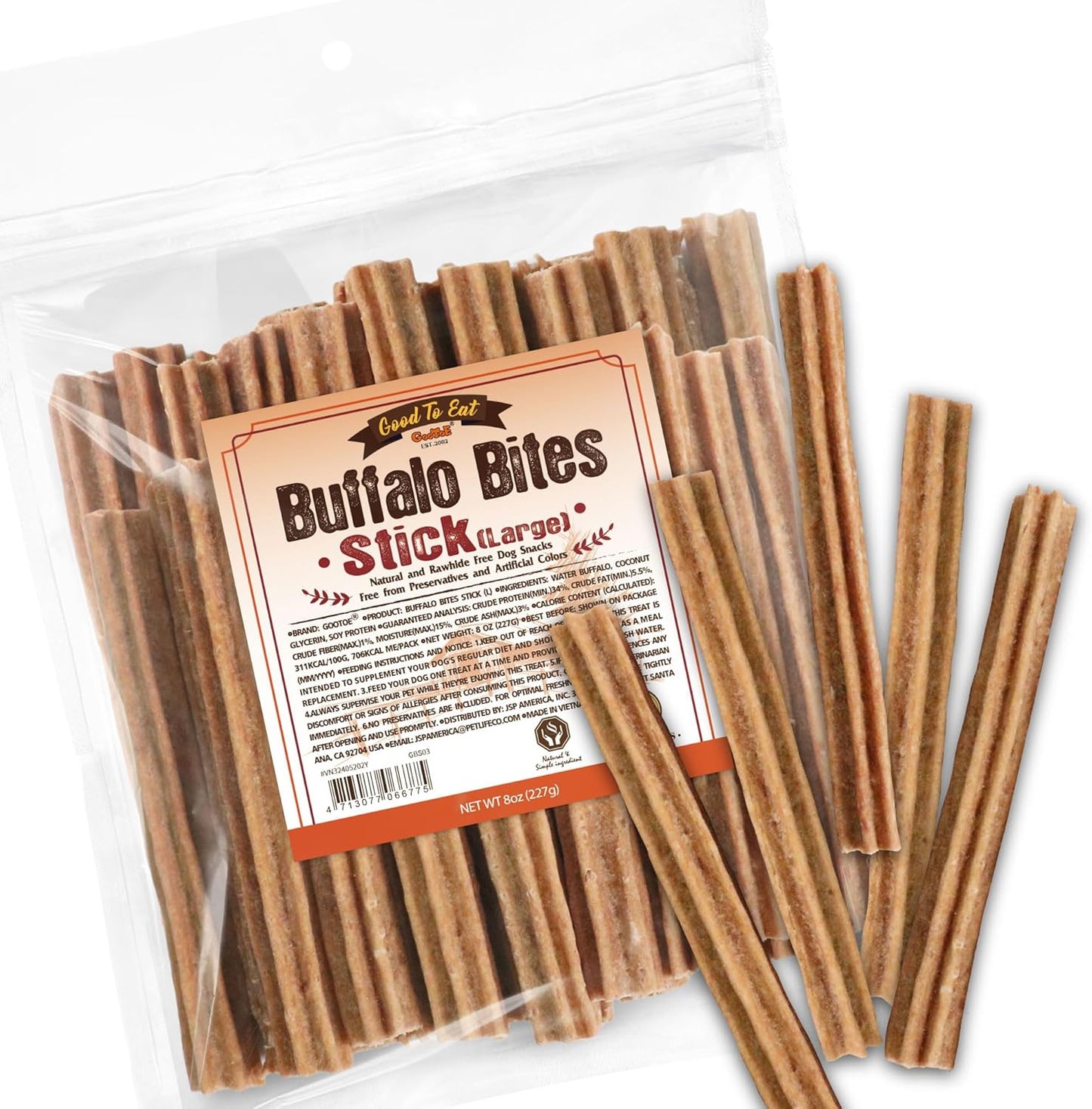 Gootoe Buffalo Dog Treats, Buffalo Bites Stick (Large) 8oz - Natural Low-Fat Chews for Training & Rewards, Limited Ingredient, Perfect for Medium Dogs, Resealable Bag