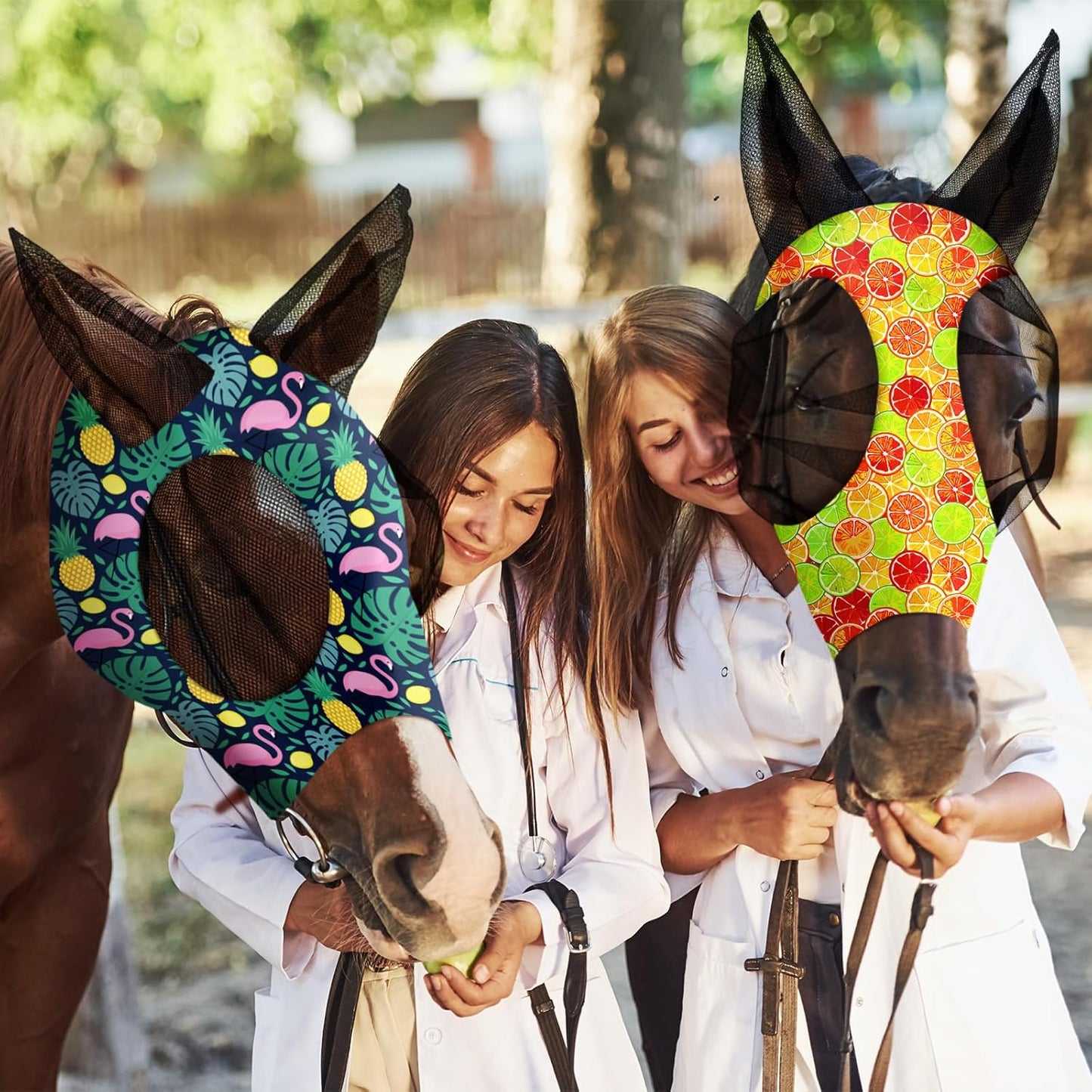 Frienda 4 Pieces Horse Fly Masks with Ears Face Covering UV Protection from Insect Pests Elasticity Smooth Comfortable Mesh Horse Mask Accessories(Fruit,Large)
