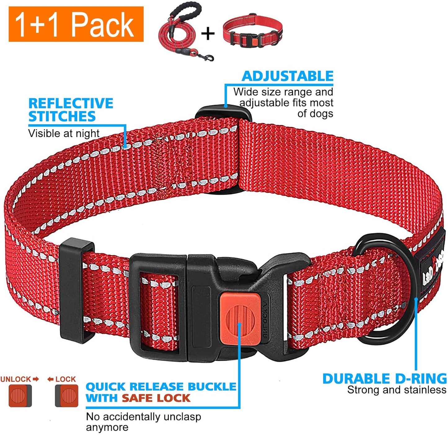 Heavy Duty Dog Leash - Comfortable Padded Handle, 5 ft Long - Dog Leashes for Small Medium Large Dogs (Leash+Collar S Neck 13.5"-16", Red)