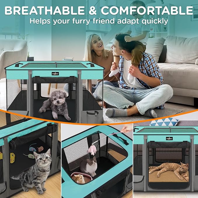 Foldable Pet Kitten Playpen, Waterproof Portable Pet Cat Dog Playpen Kennel Tent for Small Dog Cat, Removable Shade Cover, Come with Free Carrying Case, Indoor Outdoor Use for Small Animals, BlackTeal
