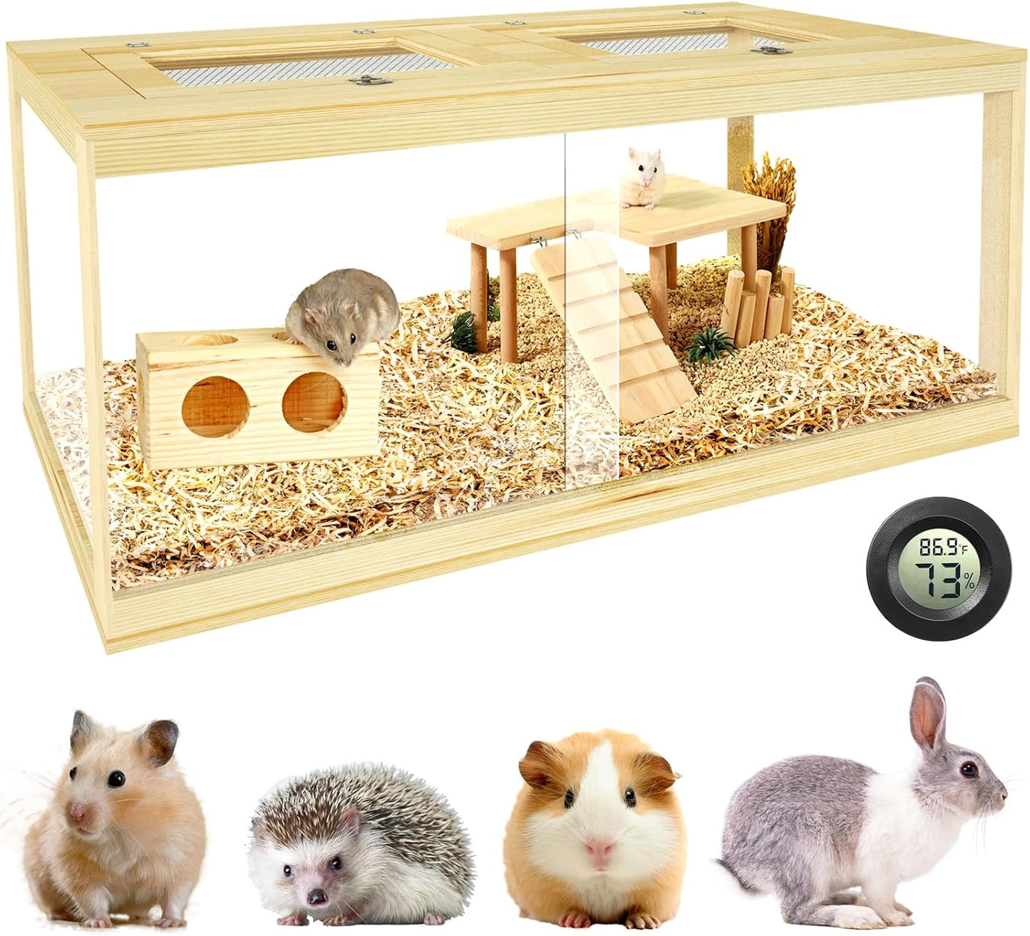Large Hamster Cage 48", Front Opening Lockable Sliding Door Gerbil Cage, Dwarf Hamster Cage with Metal Mesh Roof, Chewproof Syrian Hamster Habitat Enclosure, (Wooden, 48" L x 20" W x 20" H)