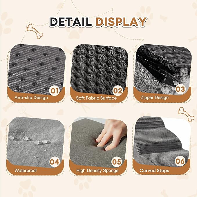 Romrol Dog Stairs Ramp for Beds Couches, 15.7” H 33D Extra Wide Pet Steps with Durable Non-Slip Waterproof Fabric Cover, Dog Slope Stairs for Small Dogs and Cats or Pets Friendly, 3-Tiers, Grey