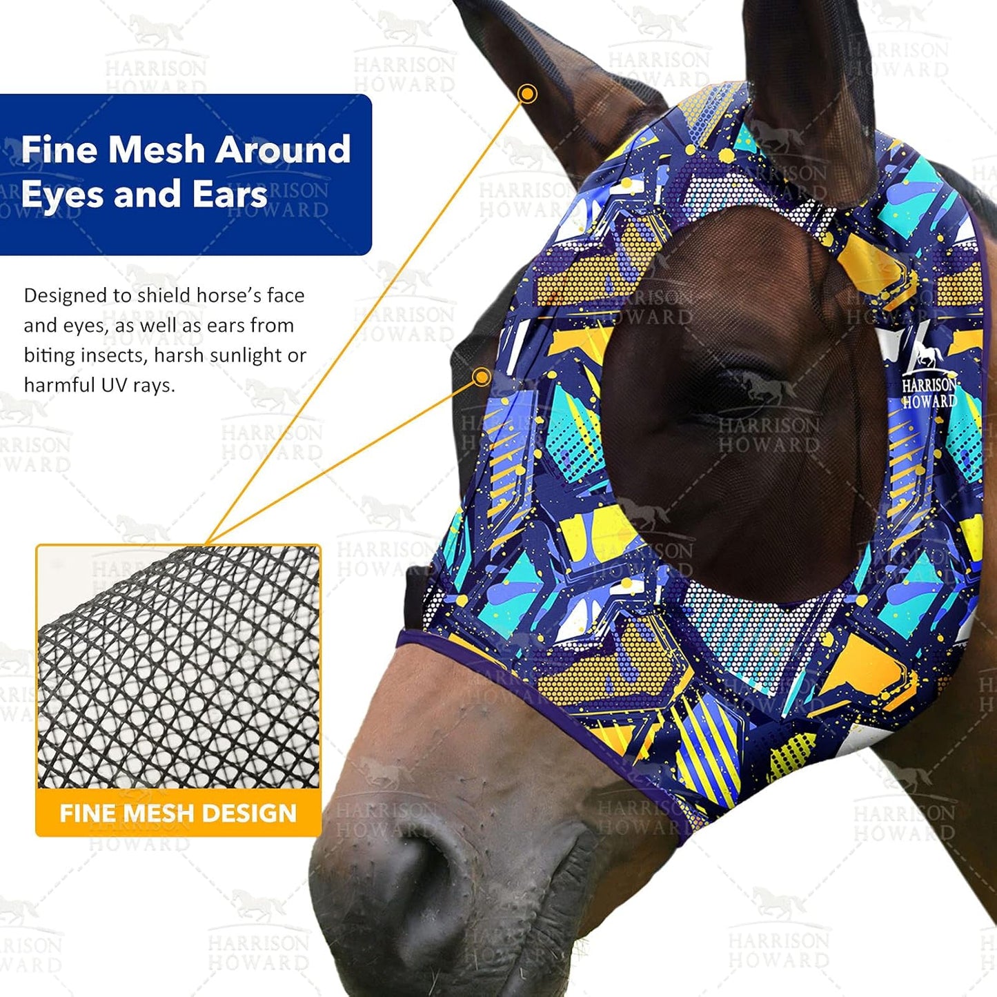 Harrison Howard Super Comfort Stretchy Fly Mask Large Eye Space with UV Protection Soft on Skin with Breathability Graffiti Mix (L; Full Size)
