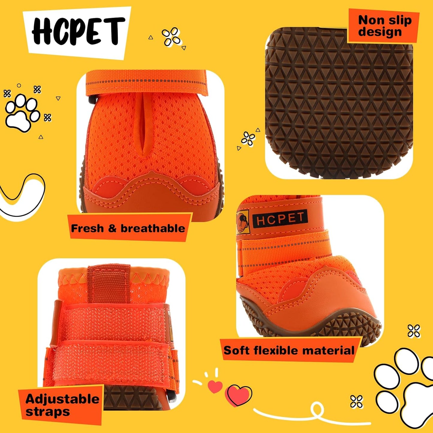 Hcpet Dog Shoes for Large Dogs, Breathable Dog Booties for Small Medium Dogs, Anti-Slip Dog Boots & Paw Protectors for Hot Pavement Winter Snow Hiking with Reflective Straps Orange Size 7