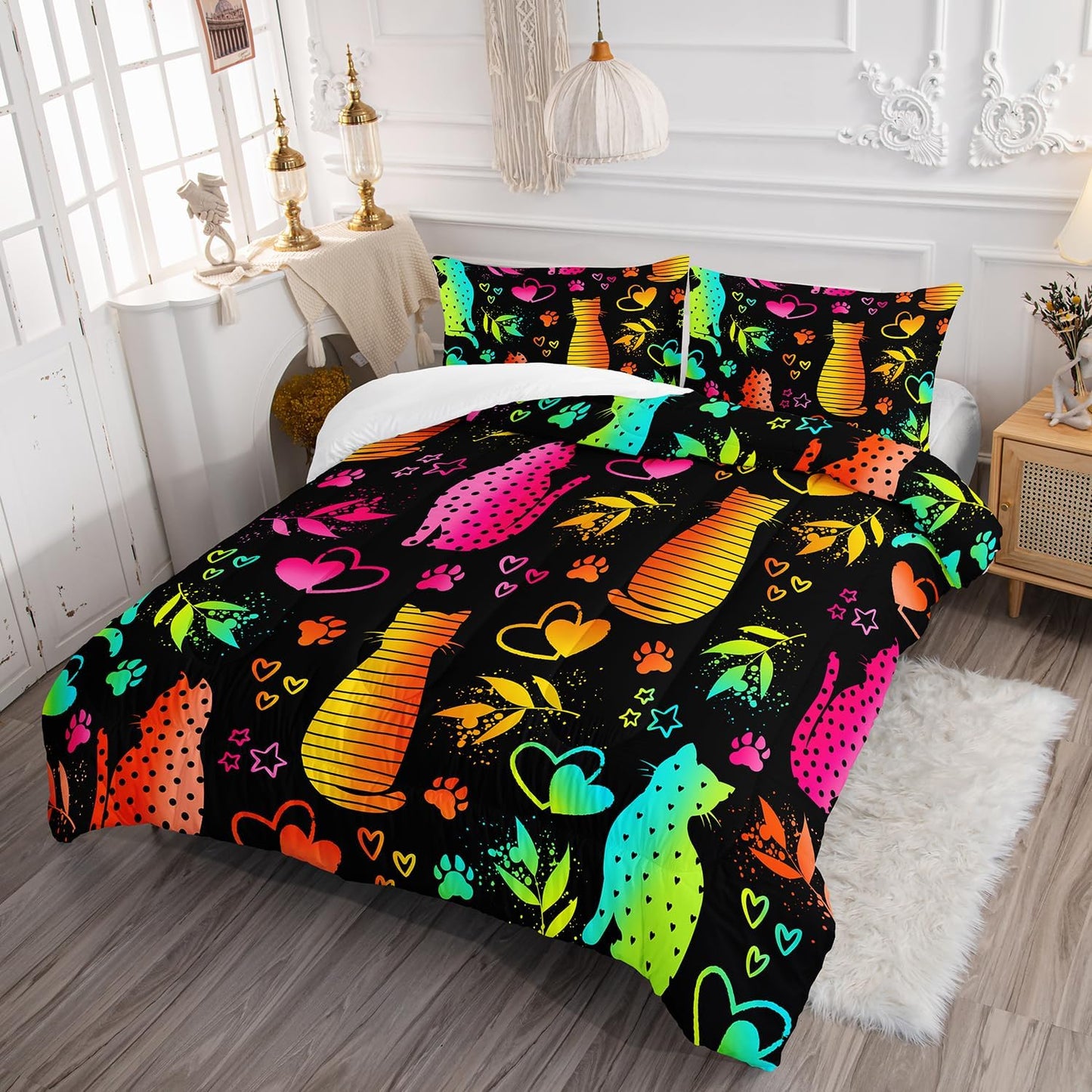 Kawaii Cat Animal Comforter 3Pcs Twin Lovely Pet Cat Bedding Set for Kid Teen Girl Boy Adult Room Decor Cartoon Kitten Paw Heart Bamboo Leaf Pattern Quilt with 1 Comforter and 2 Pillowcases
