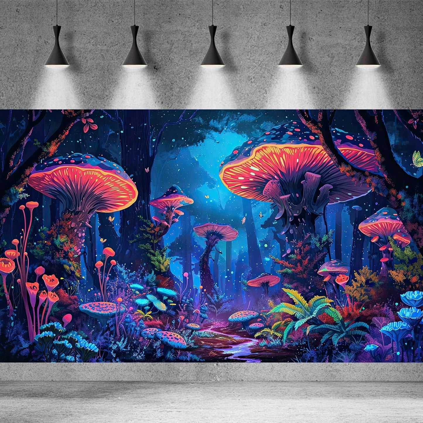 Mushrooms Aquarium Background Fantasy Bright Flowers Butterflies Fish Tank Backdrop Decoration Poster Trippy Wonderland Landscape with Giant Mystical Mushrooms Terrarium Background Decor 36x20in