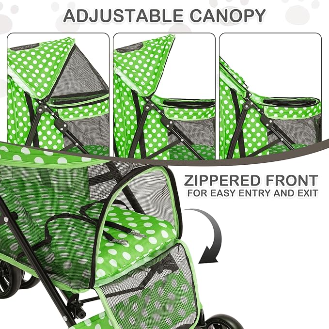 MoNiBloom 4 Wheels Pet Stroller, Easy-Fold Umbrella Shaped Dog Cat Jogger Stroller w/Storage Bag & Visible Mesh for Small/Medium Dogs Cats Lawn Green Polka Dots