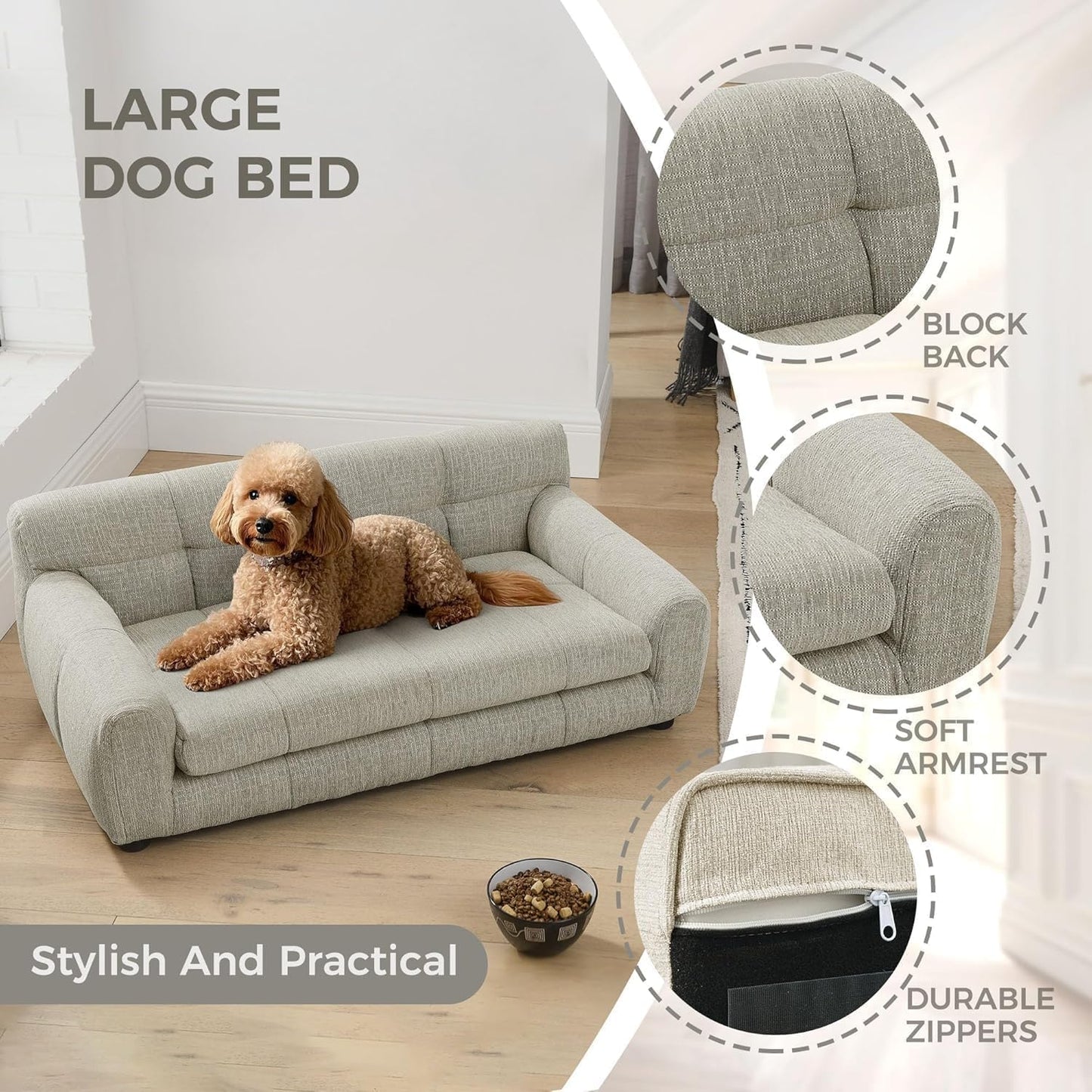 Dog Couch Bed, Mini Sofa for Dogs with Backrest and Armrest, Durable Pet Sofa with Soft Foam Cushion, Elevated Dog Couch Bed with Legs for Medium and Large Dogs, Beige