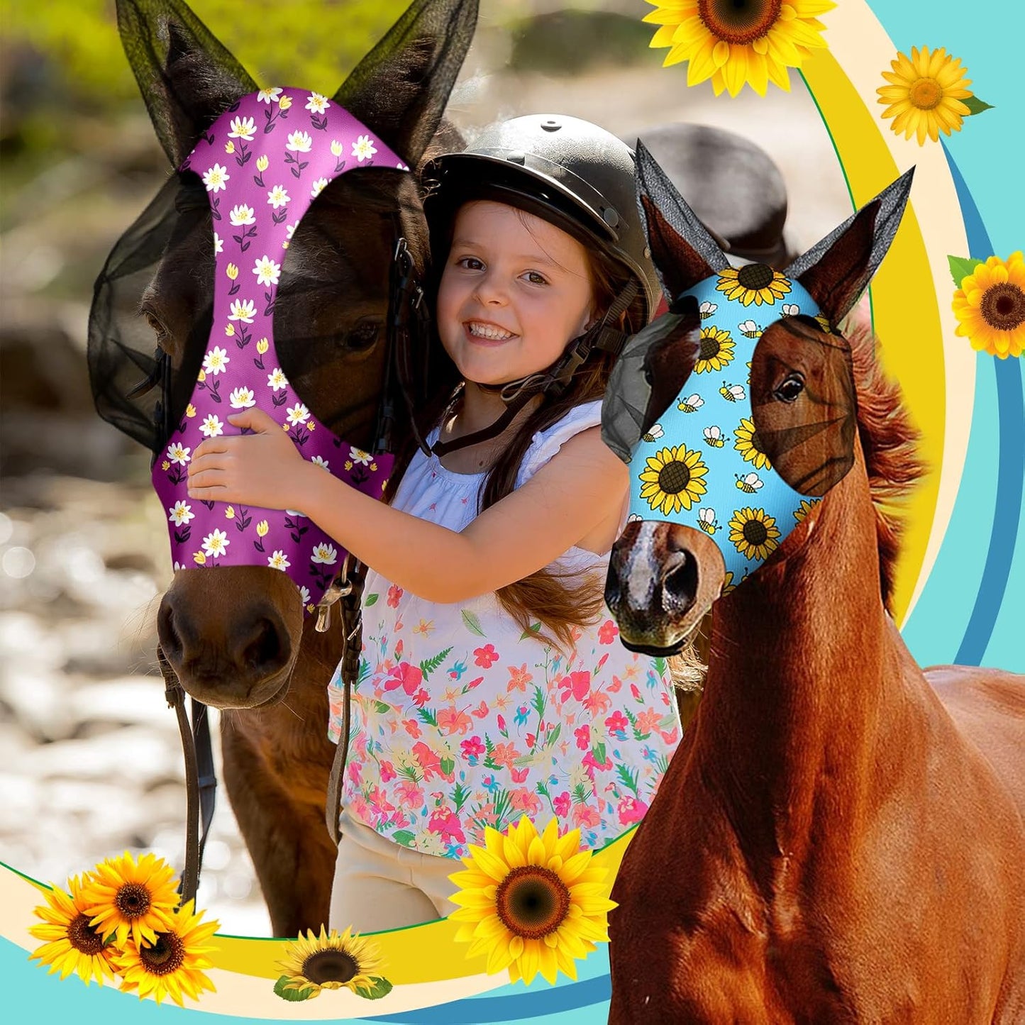 Qualirey12 Pieces Horse Fly Mask Bulk Comfortable Elasticity Mask for Horses with Ears Net UV Protection Breathable Horse Supplies Face Covering for Horse Pony and Foal (Flower Patterns, Medium)