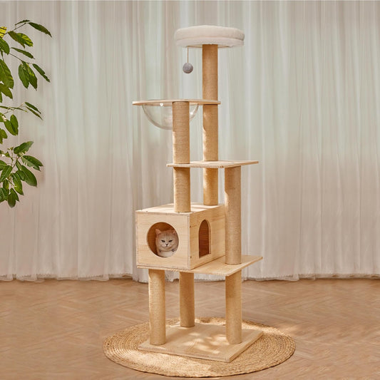 Modern Multi-Level Large Real Solid Wood Cat Tree, Luxury Wooden Cat Tower Cat Condo with Multi-Layer Platform for Indoor Cats