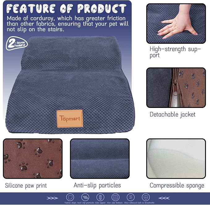 Topmart High Density Extended Foam Dog Ramp&Steps 2 Tiers,11.8" High,Non-Slip Dog Stairs,Soft Foam Pet Ladder with Waterproof Cover,Best for Injured,Older Cats,Pets with Joint Pain