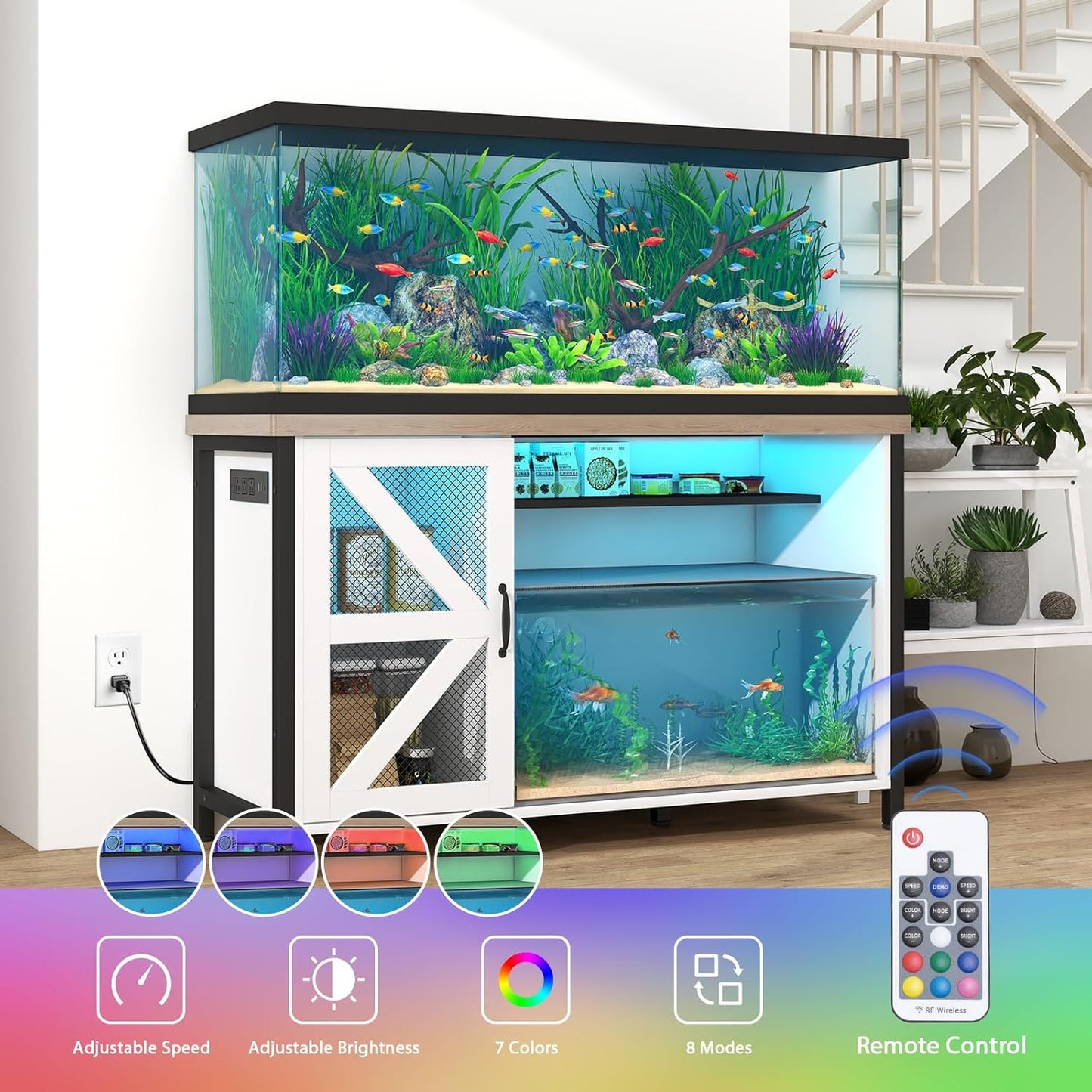 Verano 55-75 Gallon Aquarium Stand with Cabinet, Fish Tank Cabinet with Power Outlets & LED Light, Modern Turtle Tank Stand 52 inch x 19.7-inch Desktop, Heavy Duty Metal Frame,1100LBS Capacity (White)