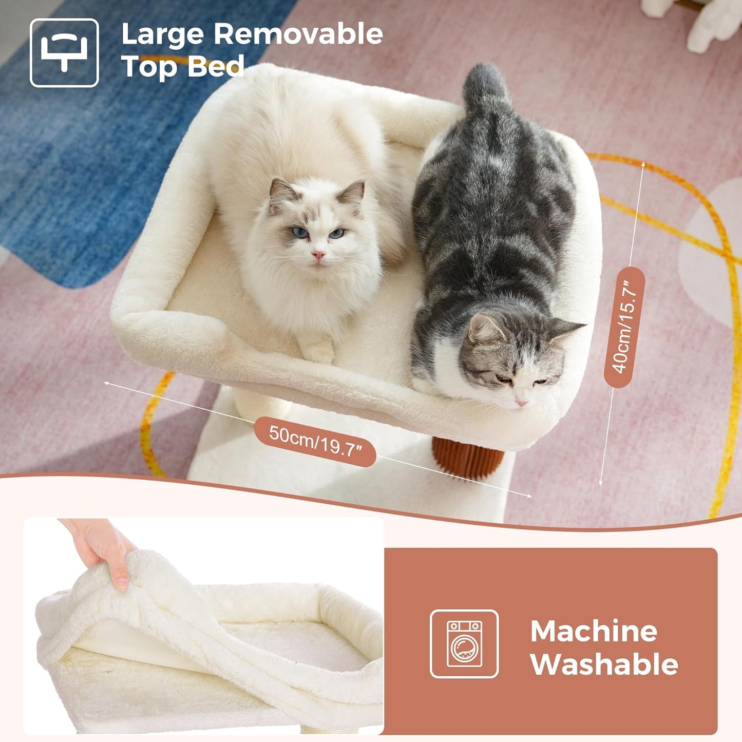 Cat Tree Tower for Large Cats Cat Scratching Post with Cat Self Groomer, 20x15.7” Wide Top Bed, Thick Scratch Post [Dia=4.5”] and Danging Ball Great for Indoor Cats-Large Beige