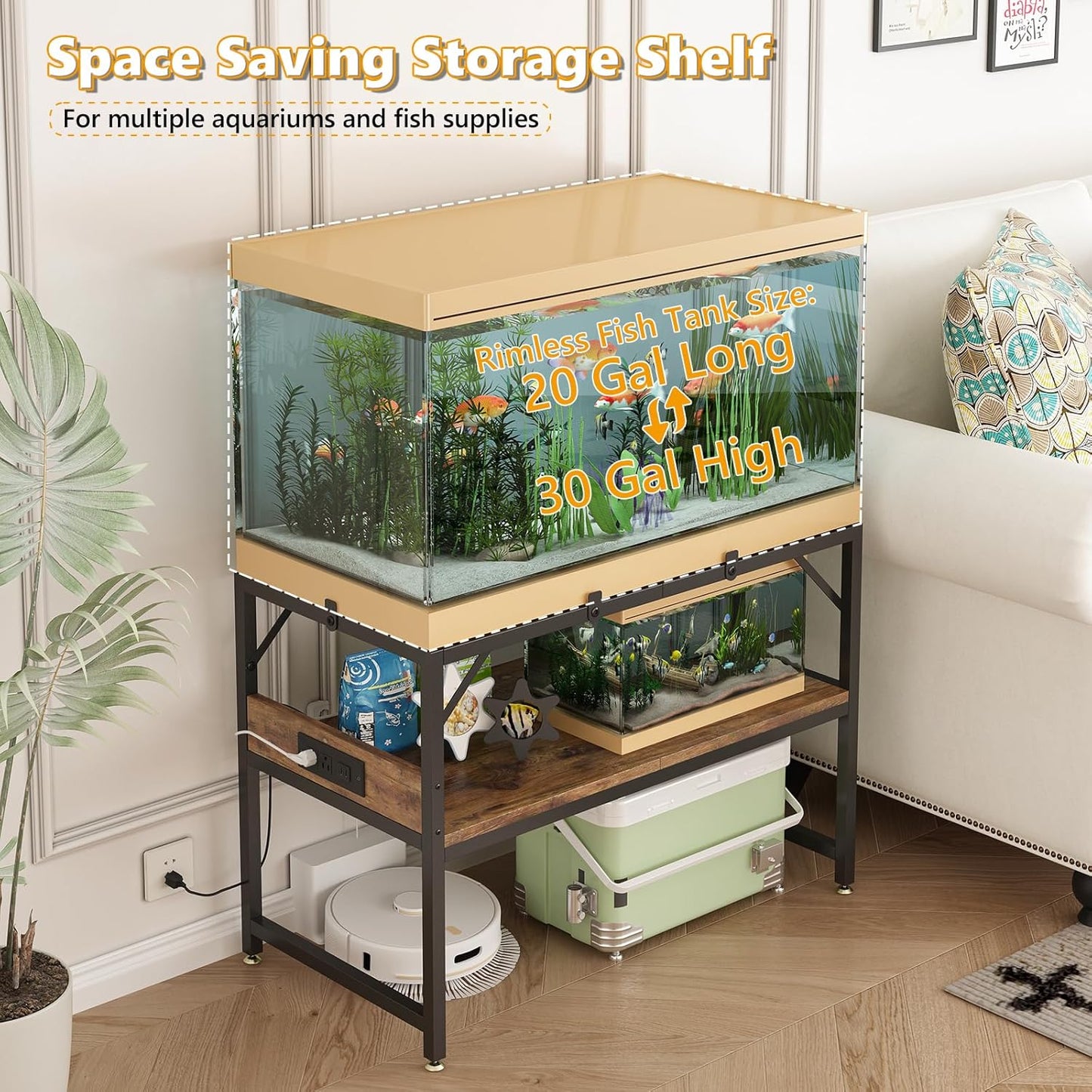 Modern 20 Gallon Long Fish Tank Stand for Home Office, 2-Tier Aquarium Stand with Shelf for Storage, Fish Tank Table 30" x 12" x 20.5", Ideal for Breeder Tanks,and Reptile Terrariums, Rustic Brown