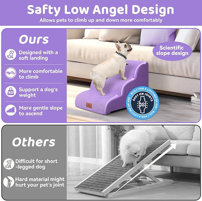 Dog Ramp and Stair for Bed 16" H-20 H,3-Step Cat Stair for Sofa and Chair,4-Step Dog Ramp for High Bed and Window,Durable Nonslip Fabric Stair for Indoor (Purple-16 H, Pet Friendly, 3)