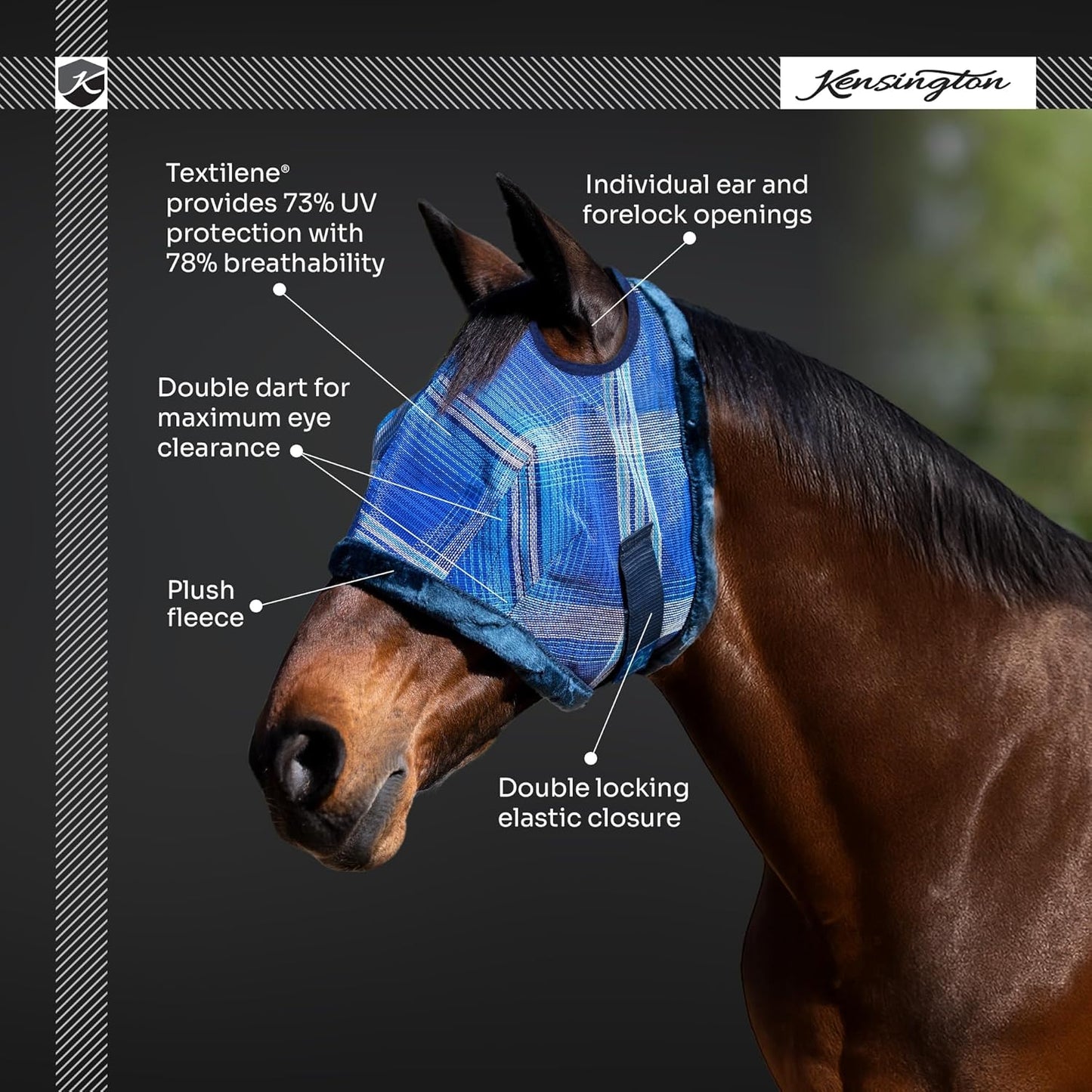Kensington UV Fly Mask with Fleece Trim - Protective Mask with Dual Ear Opening & Forelock Freedom - Medium, Desert Sand