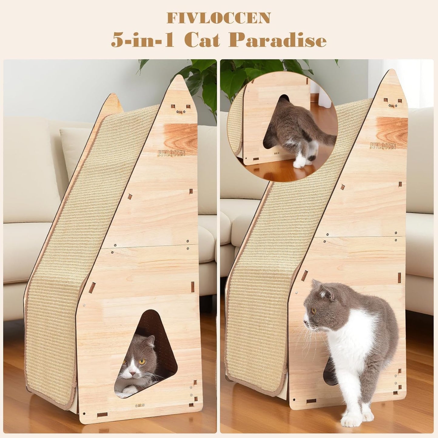 24in Multi-Functional Cat Furniture: Sisal Scratching Posts & Sturdy 3D Wood Frame for Indoor Cats, Integrated Cat Condo Hideout Tunnel All-in-One Space Saver for Multi-Cat & Budget-Friendly