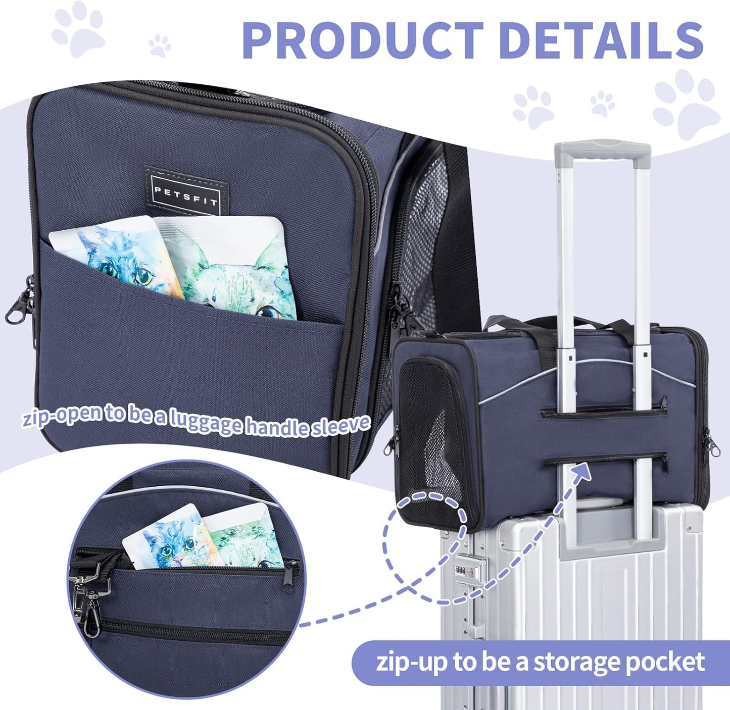 ‌Petsfit Airline Approved Pet Carrier for Small Cats, 16.5x8.6x11 TSA Approved Carrier, with Removable Dual-Sided Padding (2-Way Placement) - Fits Under Most Airplane Seats, Escape Proof (Navy)