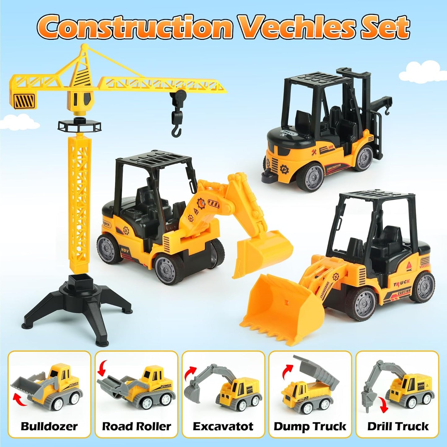 Sand Construction Site Kit - 37 Pcs Play Sand Art Kit with 8 Construction Trucks, Folding Sandbox, 2.2 lbs Magic Sand, Crane, Worker, Road Signs, Molds, Shovel - Ideal Toys for Boys Girls Age 3+