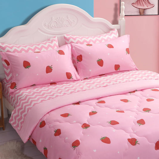 Strawberry Comforter Bedding Set Full Size for Girls 7 Piece Pink Kawaii Comforter Set Bed in A Bag for Kids Teens All Season (1 Comforter,1 Flat Sheet,1 Fitted Sheet and 4 Pillow Sham)