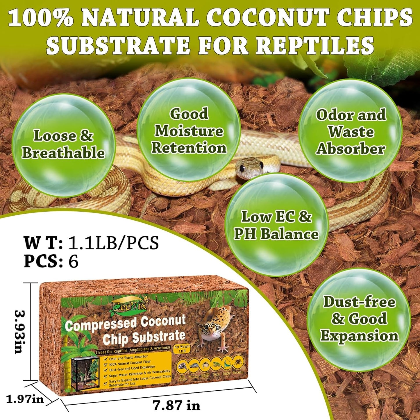 ZeeDix 6PCS Natural Coconut Chips Substrate for Reptiles, Coconut Fiber Husk Reptiles Bedding, Compressed Coco Chips Substrate for Ball Python, Snakes, Tortoise, Hermit Crab, Frogs, Lizard, Tarantula
