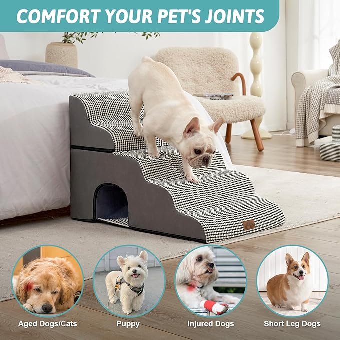 Wide Dog Stairs with Tunnel, Foam Detachable Large Dog Step for Small Pet, Puppy or Cats, Medium Pet Ramp for High Bed, Couch, Sofa or Car, 19.7x33x22.4 inch, 5 Step, White Black