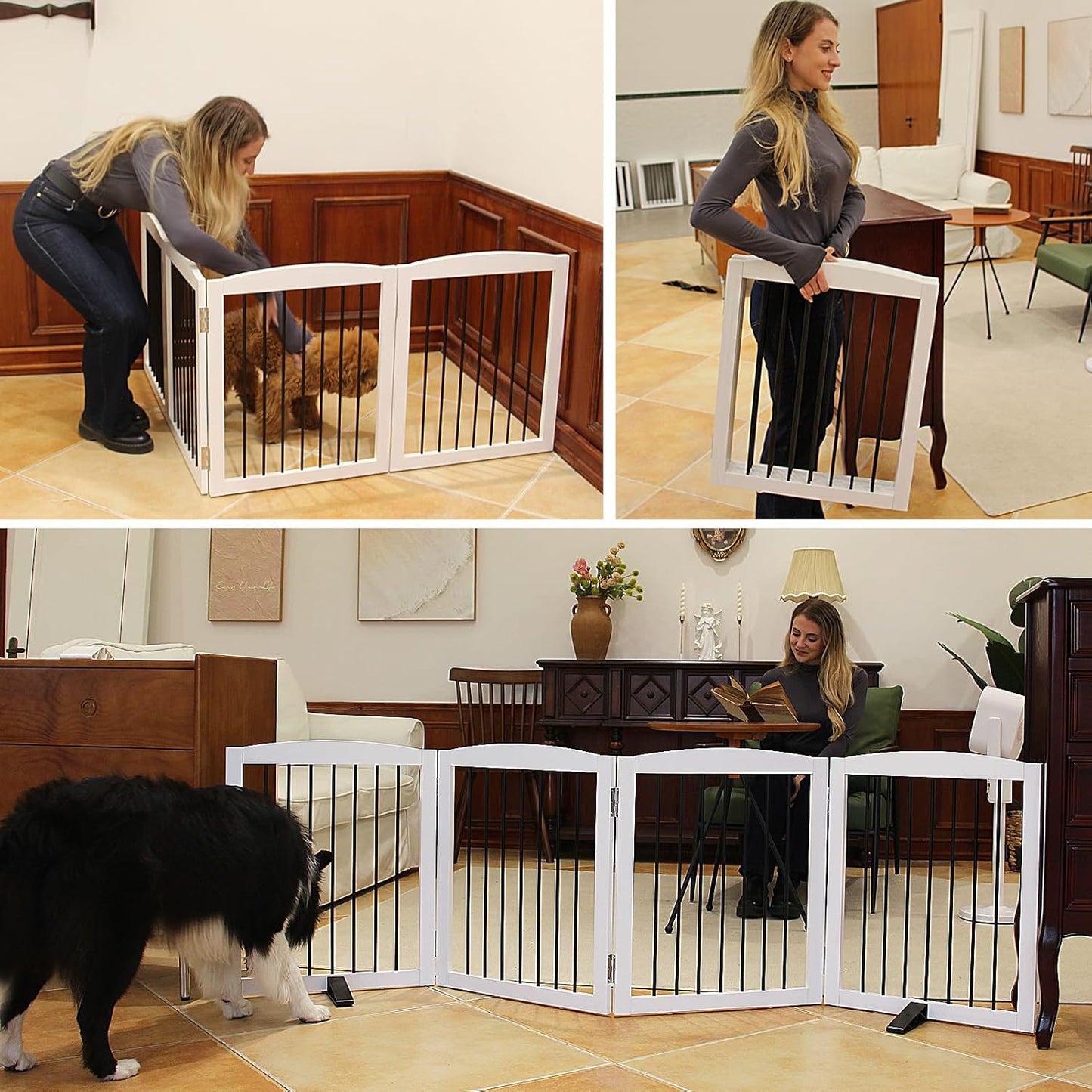 ZJSF Freestanding Panel Gate for Indoor Doorways, Stairs, or Hallways - Foldable White Wooden Dog Gates - Support Feet Included - 32" Height - 4 Panels