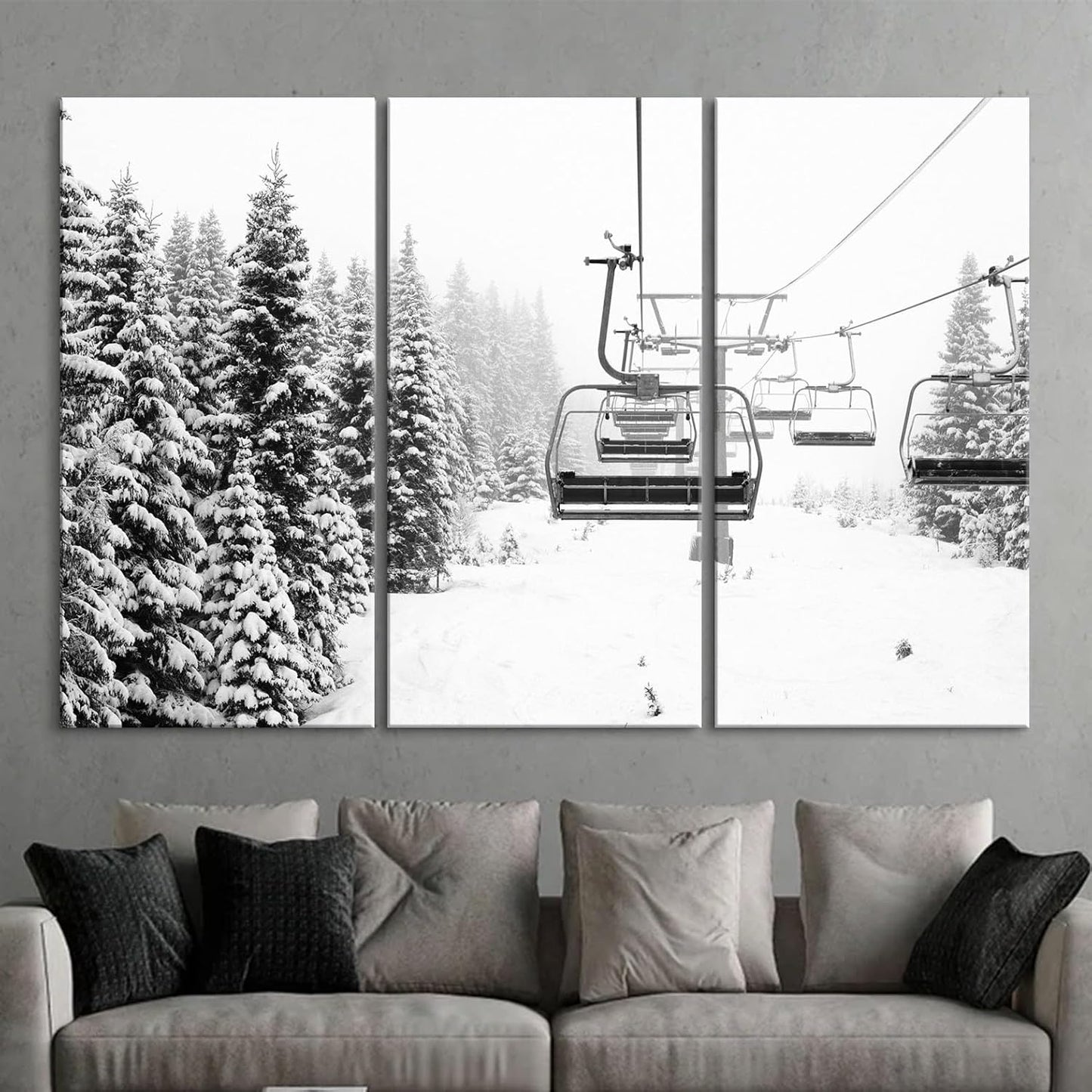 Nature Wall Art Prints - Ocean Forest Mountain Lake Canvas Landscapes - Small to Extra Large Living Room Bedroom Kitchen Bathroom Décor (Ski Lift on Snowy Mountain, 47L" x 71W" - 3 panels)