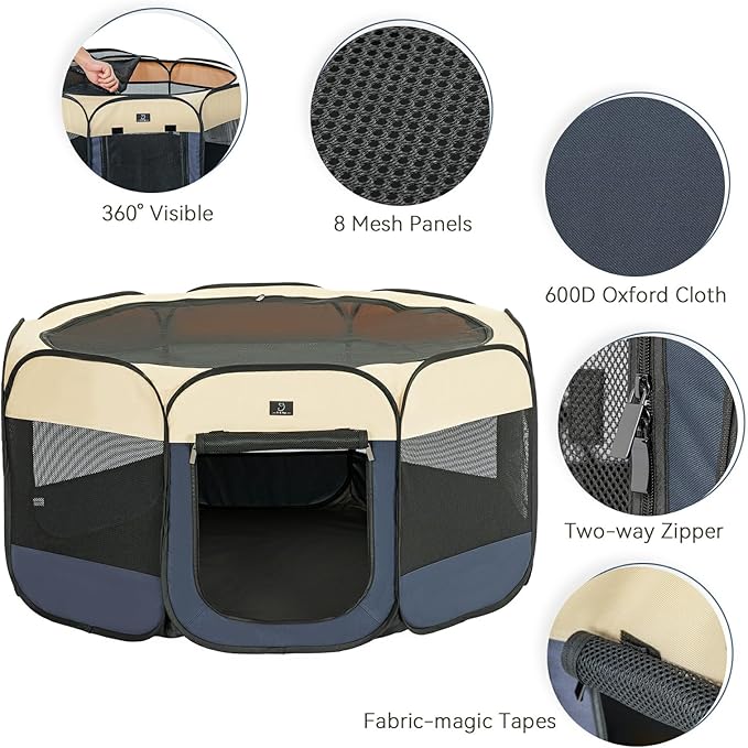 A4Pet Collapsible Playpen, 39.5” Portable Dog Playpen with Bowl, Suitable for Puppies, Kittens, and Small Animals, Removable Zipper & Mesh Panel(16”W × 10”H)
