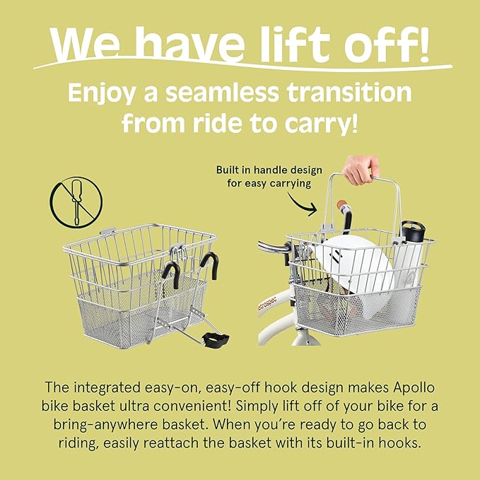 Retrospec Apollo Detachable Front Bike Basket Steel Half-Mesh with Integrated Detachable Hooks and Built-In Handle, Easy Assembly and Portability for Bicycles