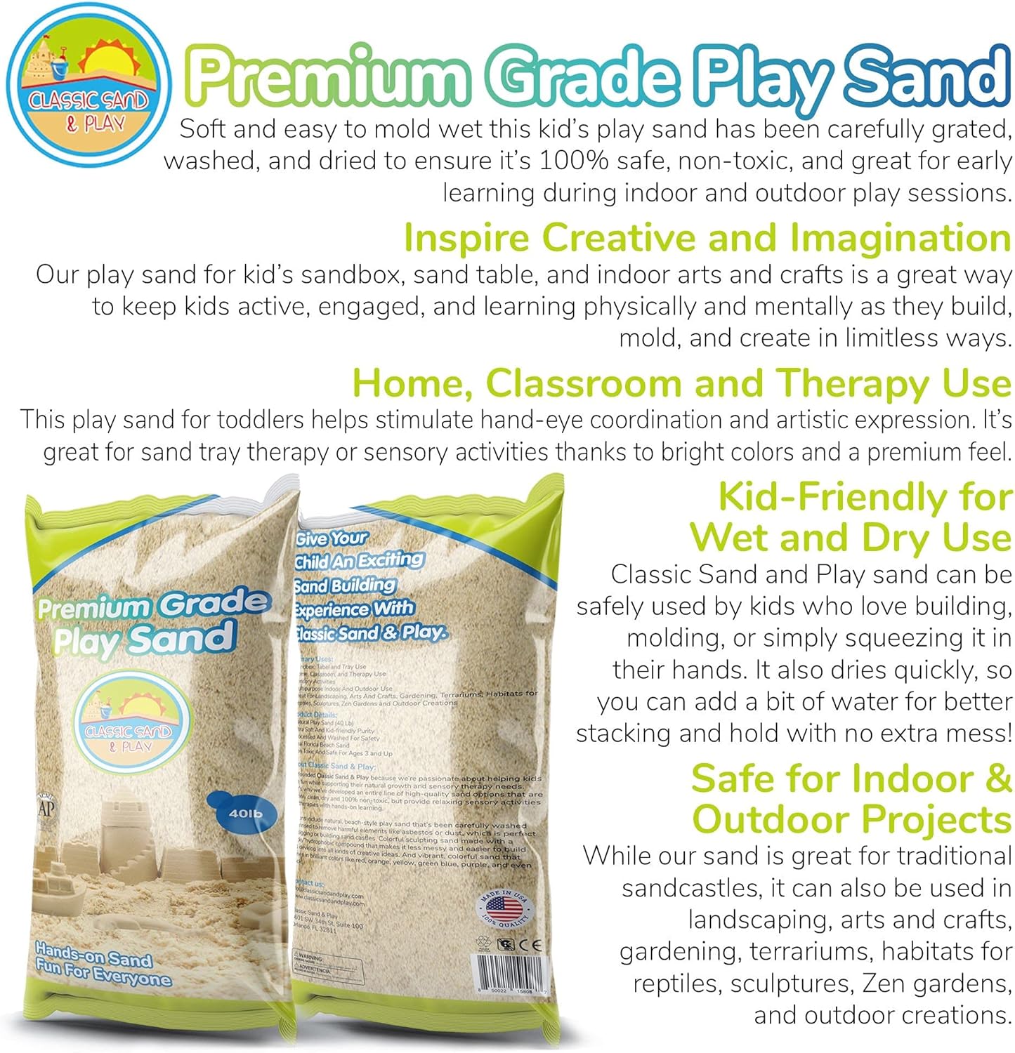 Classic Sand and Play Sand for Sandbox, Table, Therapy, and Outdoor Use, 40 lb. Bag, Natural, Non-Toxic, Wet Castle Building for Creativity and Stimulates Sensory Skills
