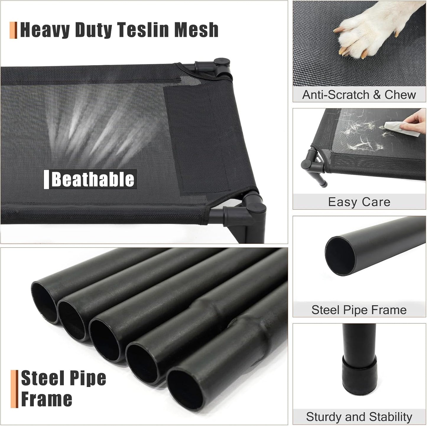 Elevated Dog Bed - Raised Dog Cot Fits Up to 150 LBs, Heavy Duty Pet Cot with Durable Supportive Mesh, Indoor & Outdoor, Black