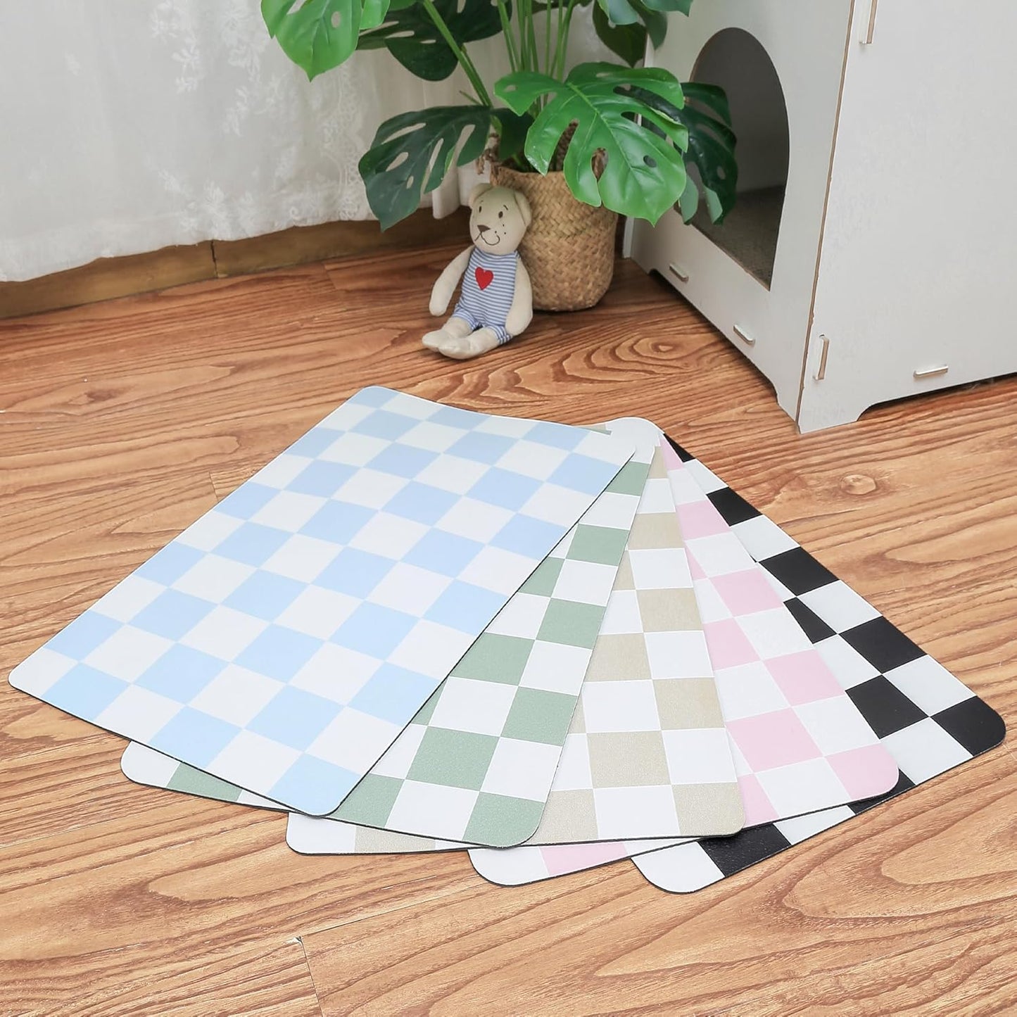Ralxion Checkered Dog Feeding Mat, Absorbent Mats for Dog Food and Water Bowl, Dispenser, Retro Aesthetic Blue Checkerboard Pet Placemat for Dogs, Cats, Puppy Accessories, 12" X 19”
